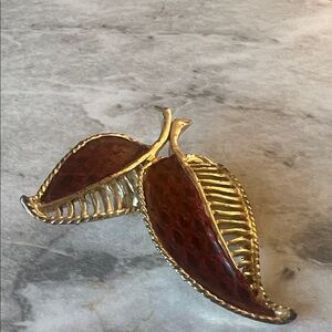 Gold and Red Leaf Brooch